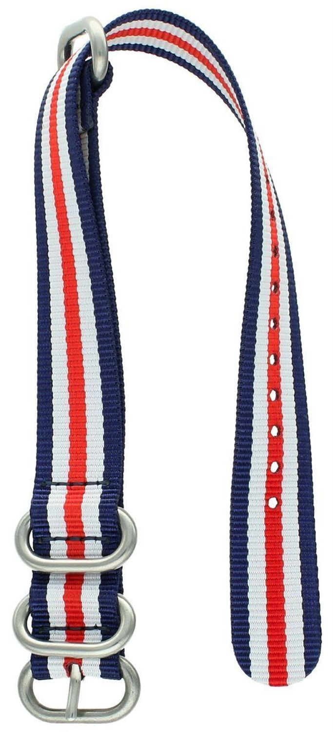 Pasek NATO 004 w granatowo-biało-czerwonych barwach. Długość 28 cm, szerokość 17 mm, sprzączka stalowa w srebrnym kolorze. Idealny do zegarków sportowych i casualowych.1.jpg